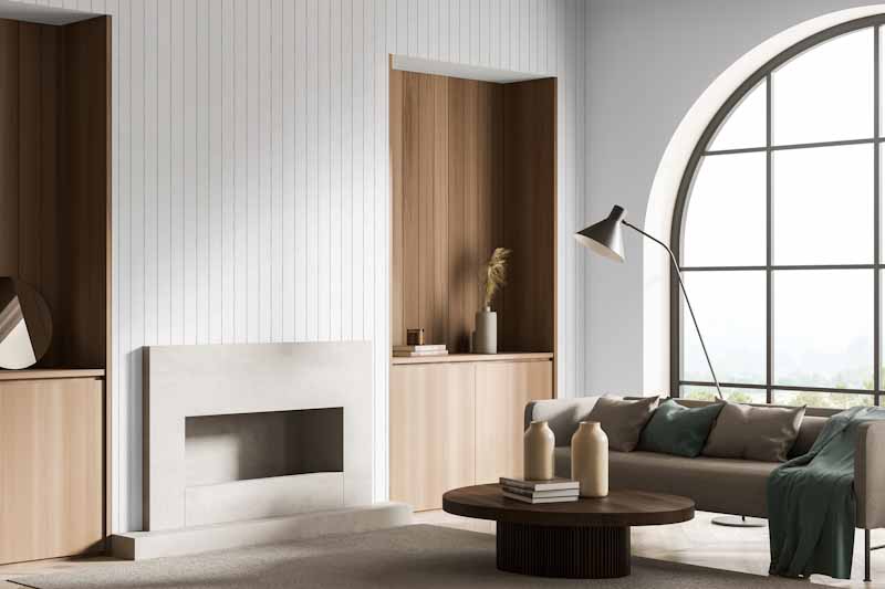 Mock,Up,Canvas,Over,Fireplace,,Two,Niches,,Arch,Window,,Minimalist