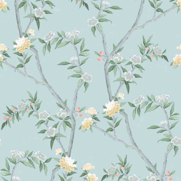 Papel Pintado de Flores con hojas fondo azul