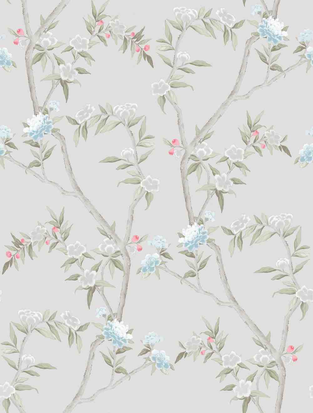 Papel Pintado Flores con hojas fondo gris