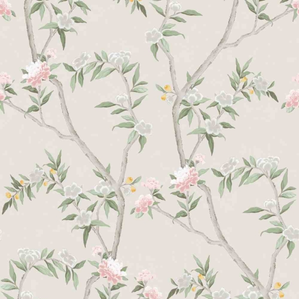Papel Pintado Flores con hojas fondo beige