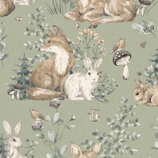 papel pintado animales del bosque fondo verde